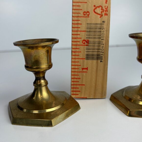 Pair Vintage Brass Hexagonal Base Candle Holders 2.5" Tall Made In India - Picture 5 of 5